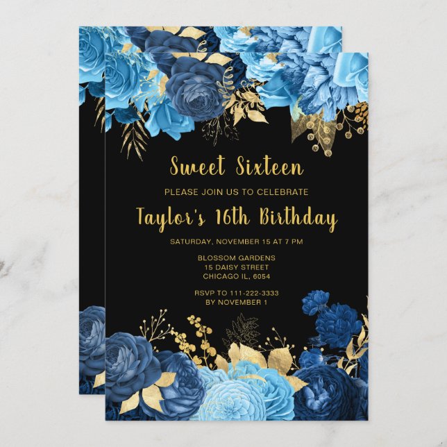Invitación Elegant Blue and Gold Flowers Sweet Sixteen (Anverso / Reverso)