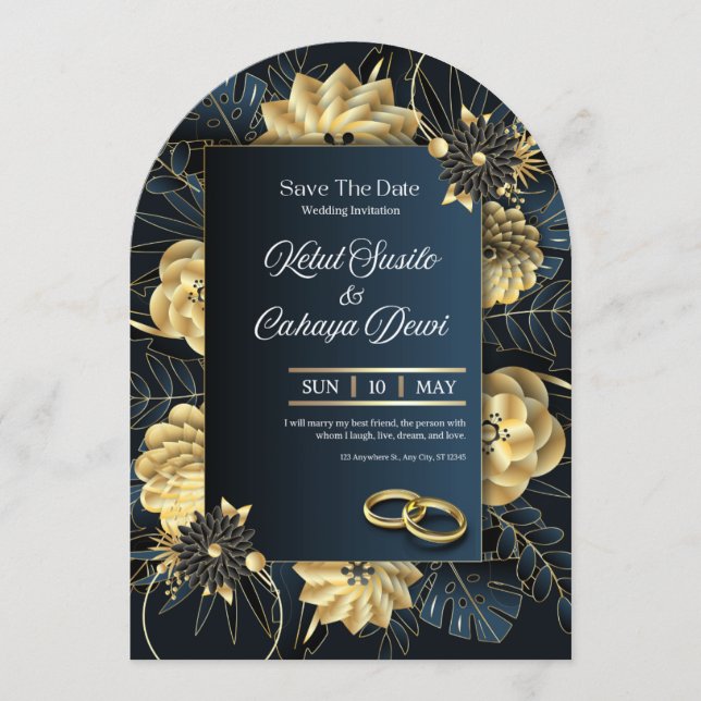 Invitación Elegant Blue and Gold Luxury Wedding Invitation (Anverso)