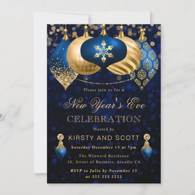 Invitación Elegant Blue and Gold New Year’s Eve Party (Anverso)