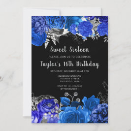 Invitación Elegant Blue and Silver Flowers Sweet Sixteen