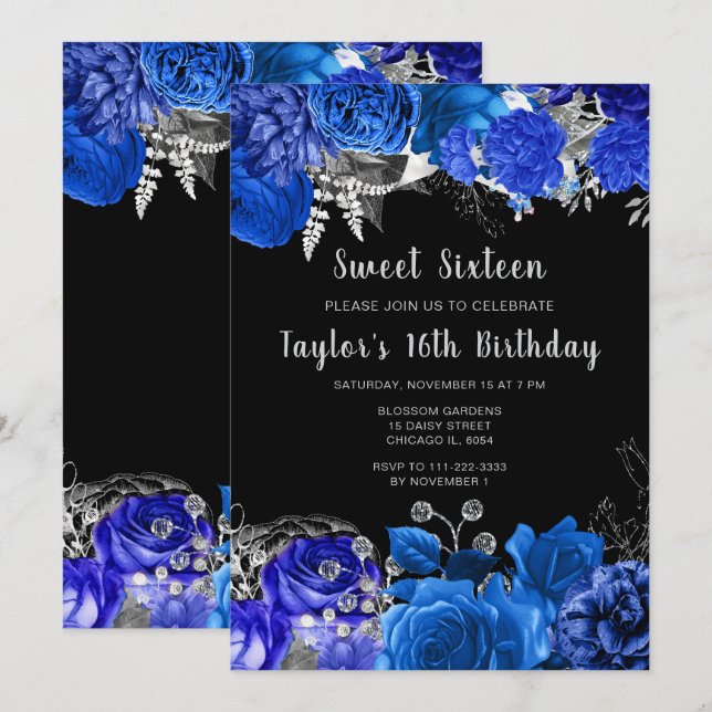 Invitación Elegant Blue and Silver Flowers Sweet Sixteen (Anverso / Reverso)