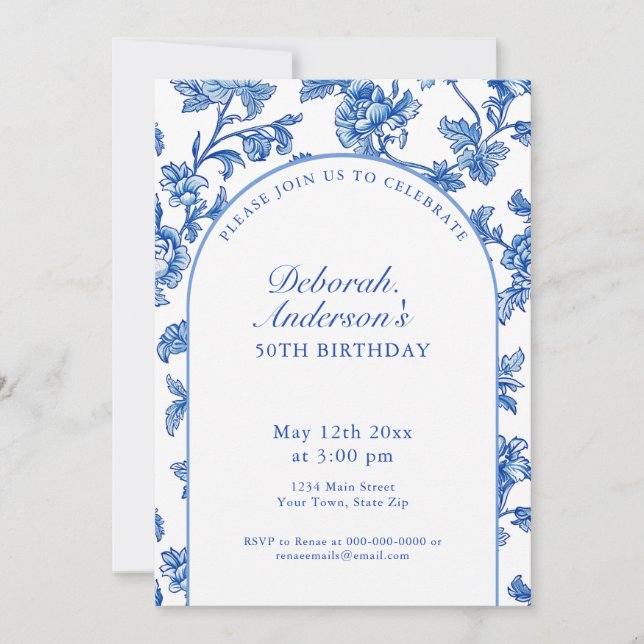 Invitación Elegant Blue and White 50th Birthday Party  (Anverso)