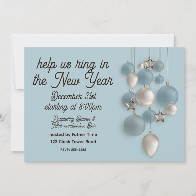 Invitación Elegant Blue and White Ornaments New Year's Eve (Anverso)