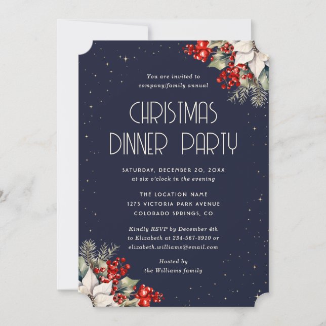 Invitación Elegant Blue Botanical Christmas Holiday Party (Anverso)