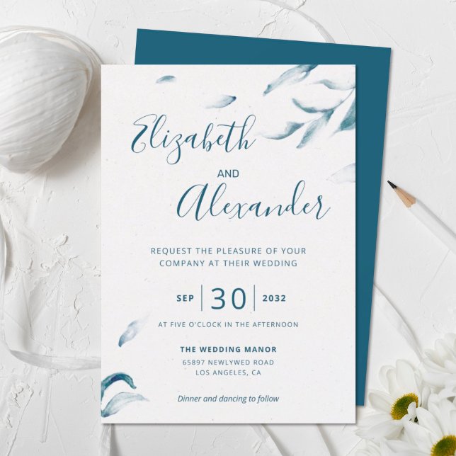 Invitación Elegant blue botanical watercolor simple wedding (Subido por el creador)