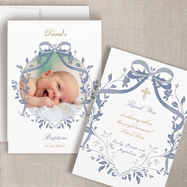 Invitación elegant blue bow Baptism small thank you card (Subido por el creador)