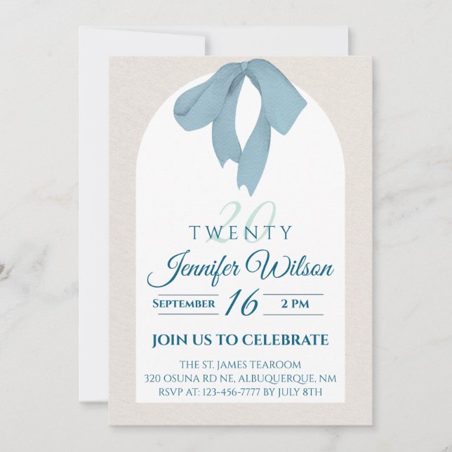 Invitación Elegant Blue Bow Twenty 20th Birthday (Anverso)