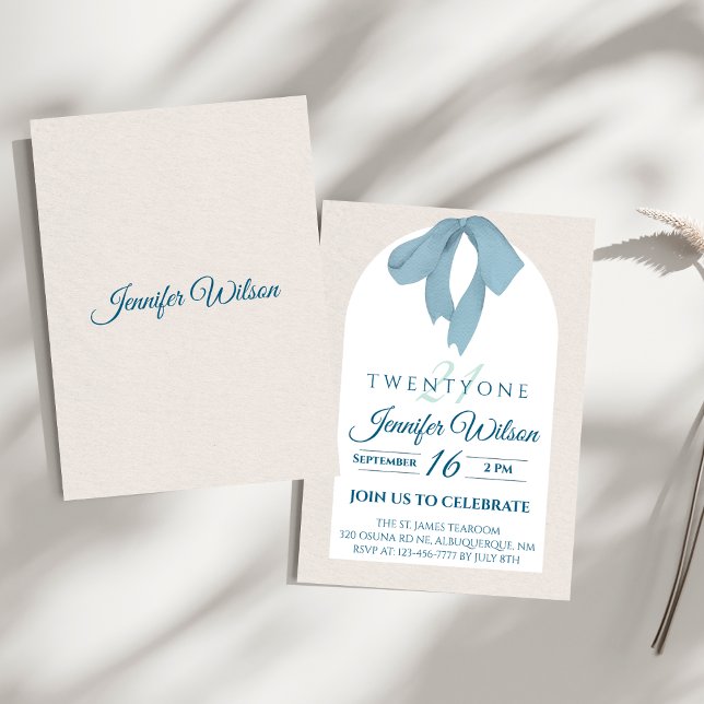 Invitación Elegant Blue Bow Twenty-One Birthday (Subido por el creador)