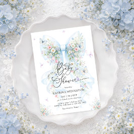 Invitación Elegant Blue Bow Wildflower Baby Shower