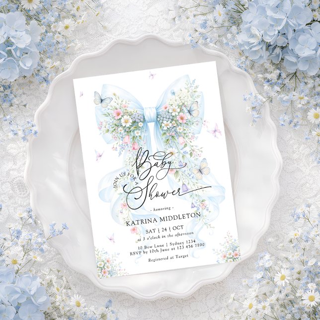 Invitación Elegant Blue Bow Wildflower Baby Shower (Subido por el creador)