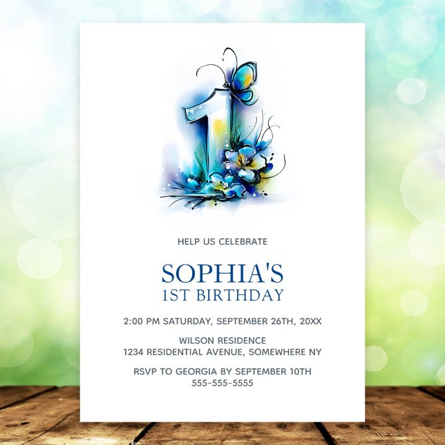 Invitación Elegant Blue Butterfly Floral 1st Birthday Party (Subido por el creador)