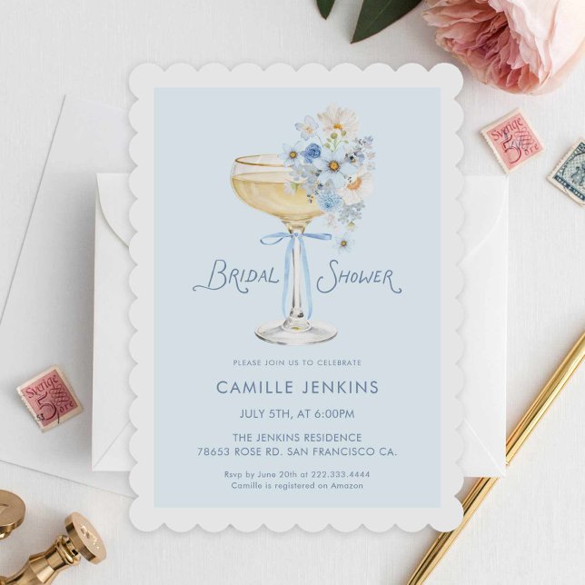 Invitación Elegant Blue Champagne Brunch Garden Bridal Shower (Blue Bubbly Bridal Shower Invitation)