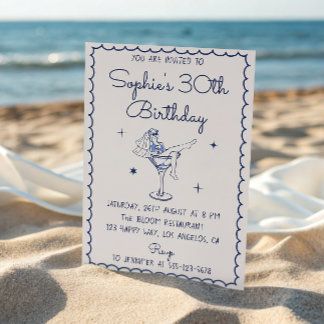 Invitación Elegant Blue Cocktail Martini Glass 30th Birthday