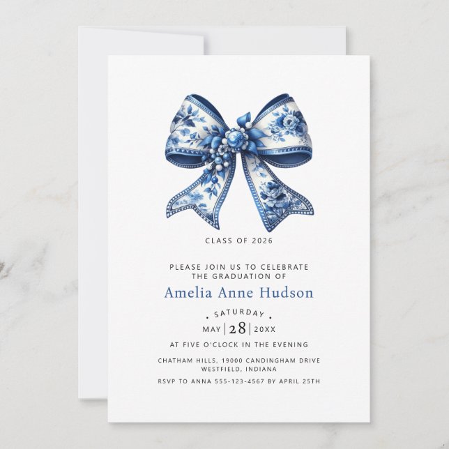 Invitación Elegant Blue Coquette Bow Graduation Party (Anverso)