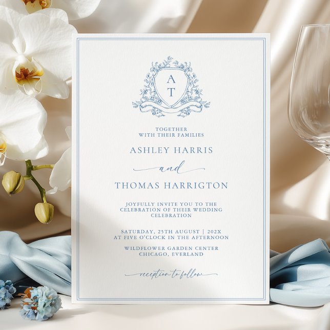 Invitación Elegant Blue Crest Monogram Wedding Invitation (Subido por el creador)