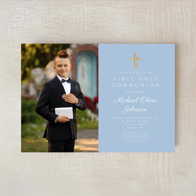 Invitación Elegant Blue Cross Photo Boy First Communion  (Subido por el creador)