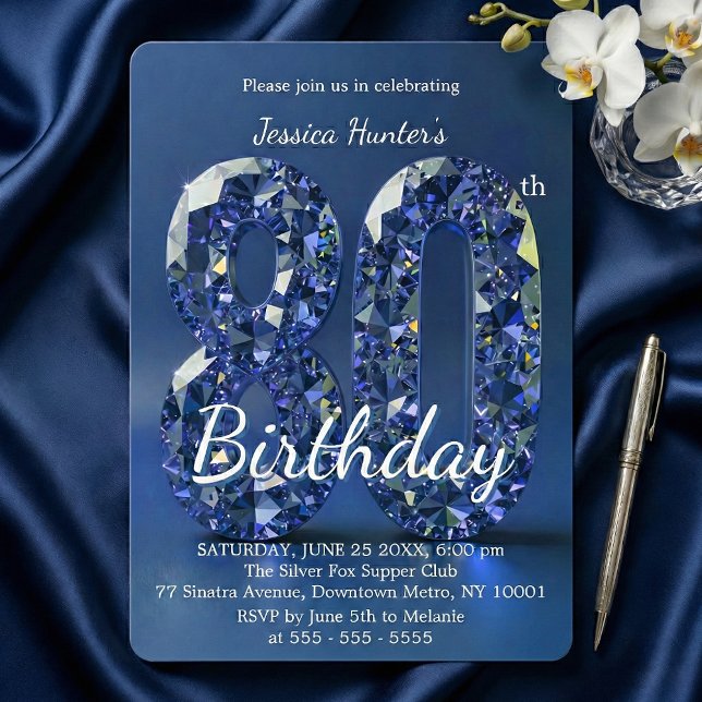 Invitación Elegant Blue Diamond Gemstone Glam 80th Birthday (Subido por el creador)
