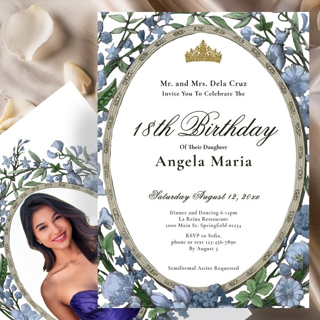 Invitación Elegant Blue Floral 18th Birthday Debut (Subido por el creador)