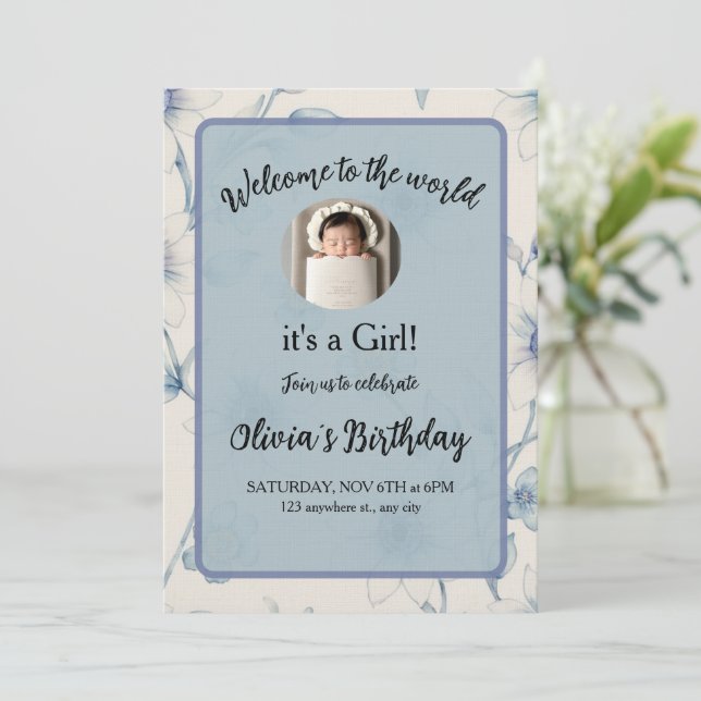 Invitación Elegant blue floral baby announcement (Anverso de pie)