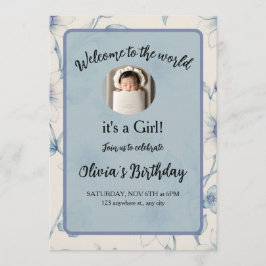 Invitación Elegant blue floral baby announcement