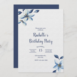 Invitación Elegant Blue Floral Birthday Invite, Boho Birthday