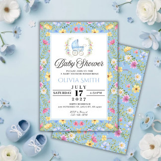 Invitación Elegant Blue Floral boy Baby Shower
