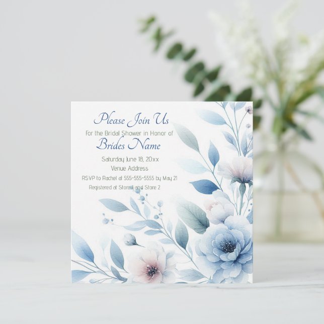 Invitación Elegant Blue Floral Bridal Shower (Anverso de pie)