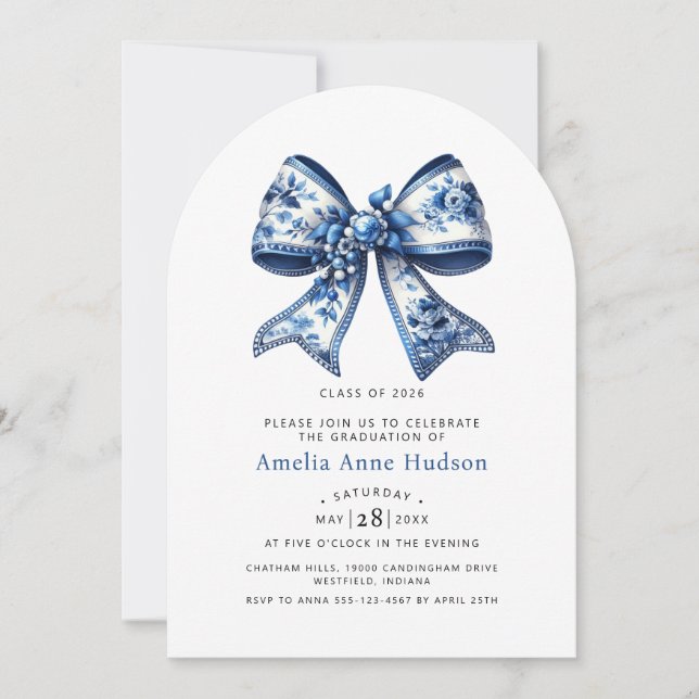Invitación Elegant Blue Floral Coquette Bow Graduation Party (Anverso)