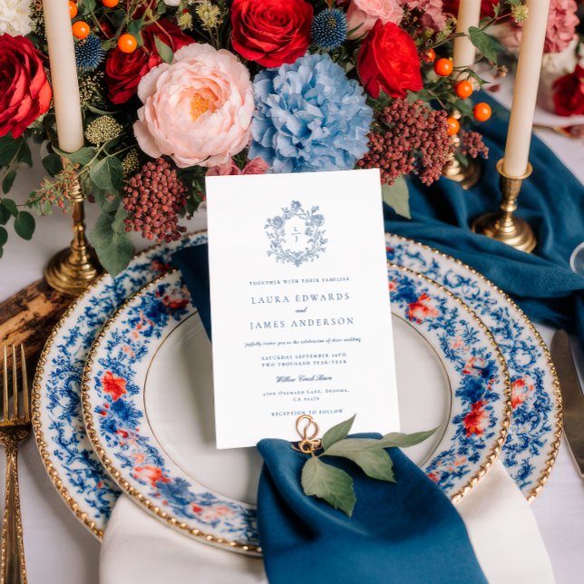 Invitación Elegant Blue Floral Crest Striped Back Wedding (Subido por el creador)