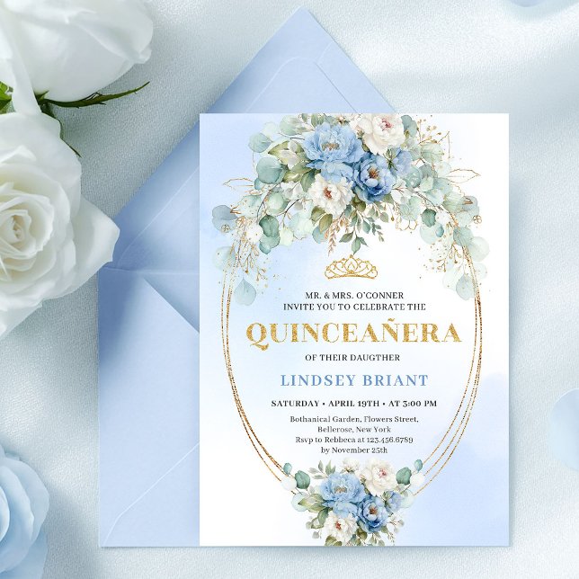 Invitación Elegant Blue Floral Gold Quinceañera Invitation (Elegant Blue Floral Gold Quinceañera Invitation)