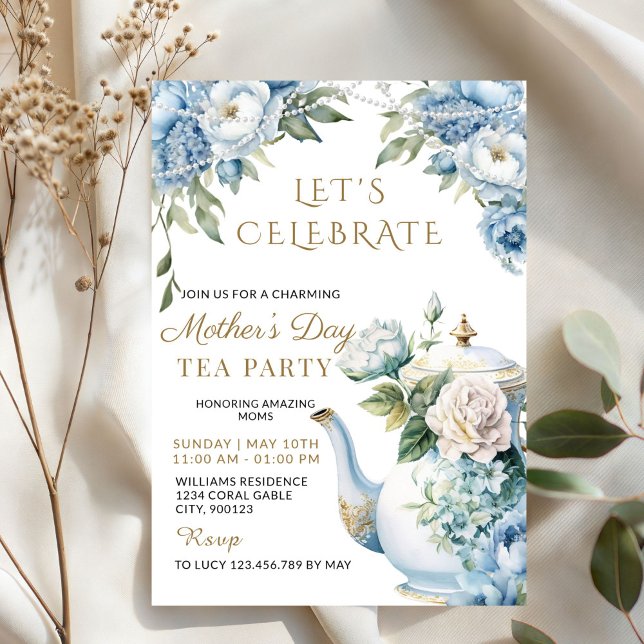 Invitación Elegant Blue Floral Mother's Day Tea Party  (Elegant Blue Floral Vintage Teapot Tea Party Invitation)