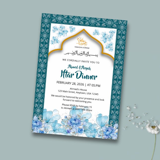 Invitación Elegant Blue Floral Ramadan Iftar Invitation (Subido por el creador)