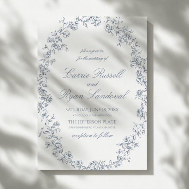Invitación Elegant Blue Floral Roses Fine Line Art Wedding (Subido por el creador)
