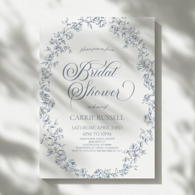 Invitación Elegant Blue Floral Roses Line Art Bridal Shower (Subido por el creador)