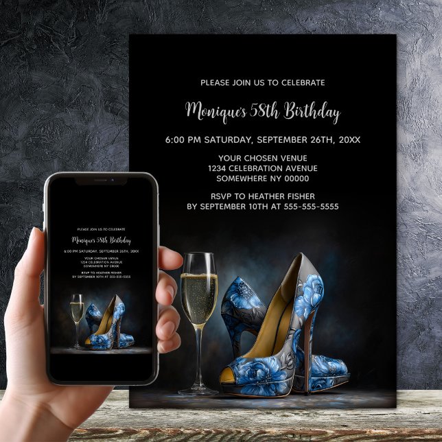 Invitación Elegant Blue Floral Stiletto Shoes Birthday Party (Subido por el creador)