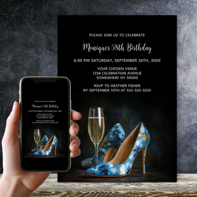 Invitación Elegant Blue Floral Stiletto Shoes Birthday Party (Subido por el creador)