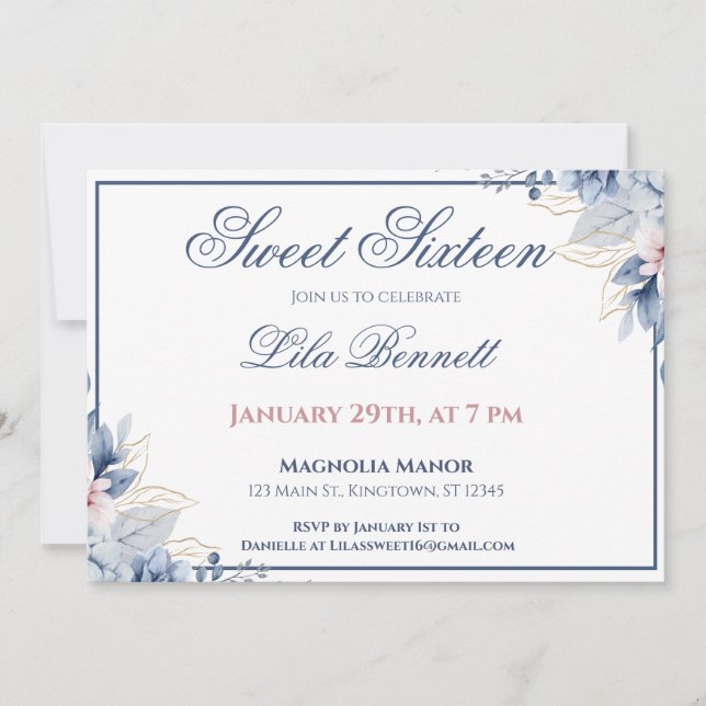 Invitación Elegant Blue Floral Sweet 16 Invitation (Anverso)