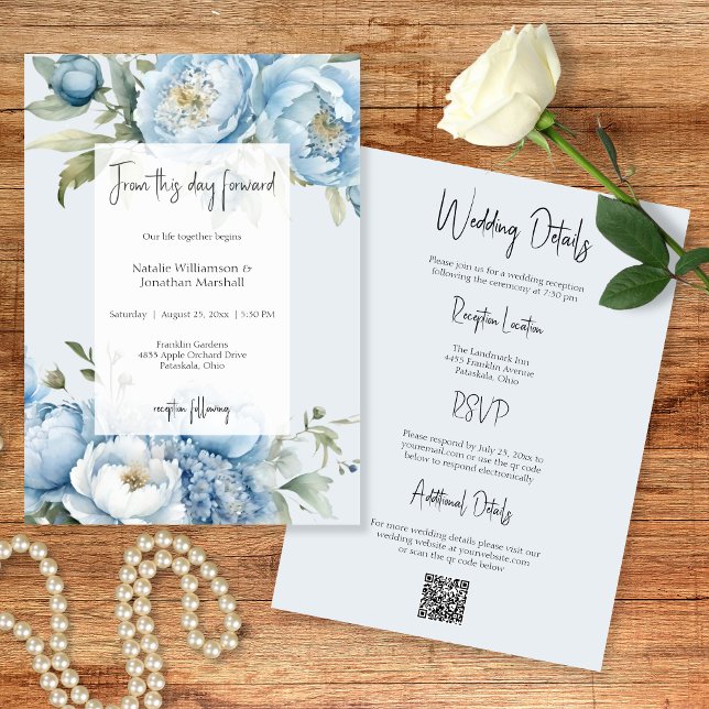 Invitación Elegant Blue Floral Two Sided Wedding Invitation (Subido por el creador)