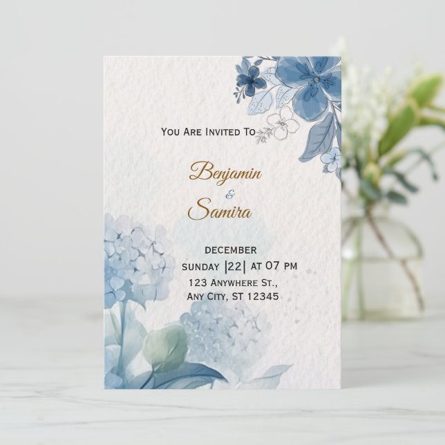 Invitación Elegant Blue Floral Watercolor Wedding Invitation  (Anverso de pie)