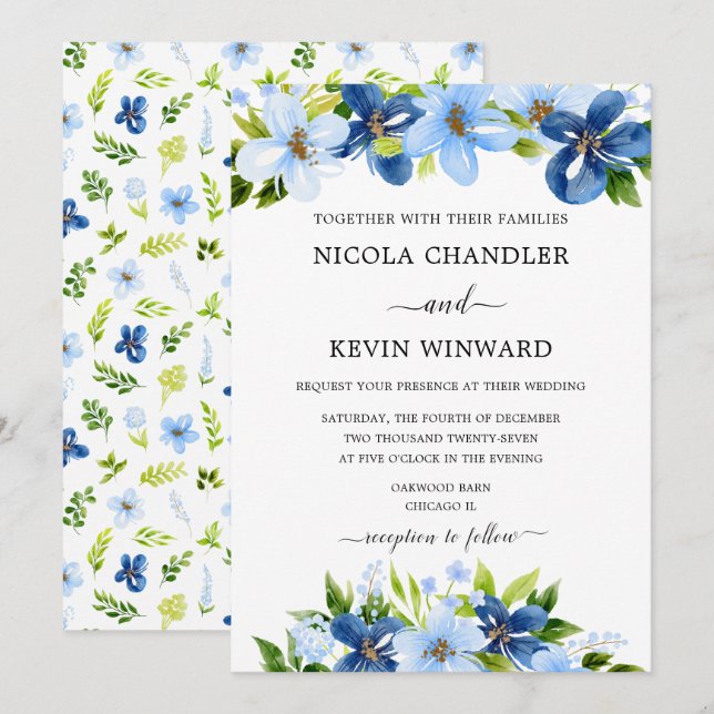Invitación Elegant Blue Floral Wedding (Anverso / Reverso)