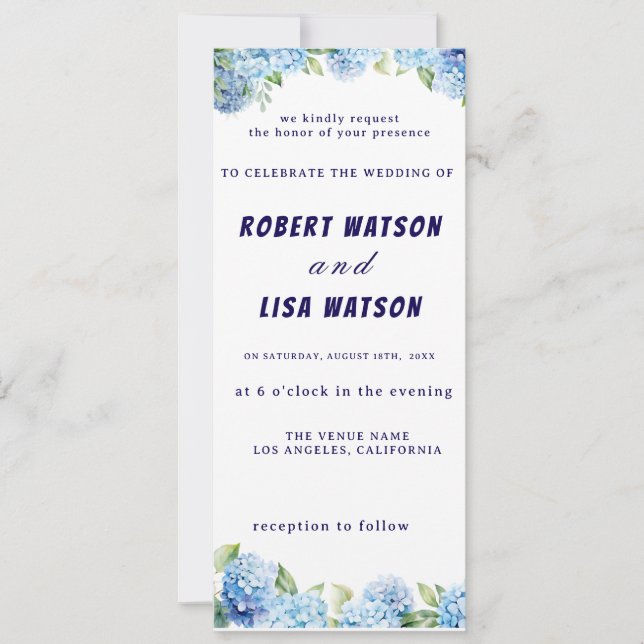 Invitación Elegant Blue Floral Wedding  (Anverso)