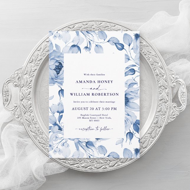 Invitación Elegant Blue Floral Wedding Invitation (Subido por el creador)