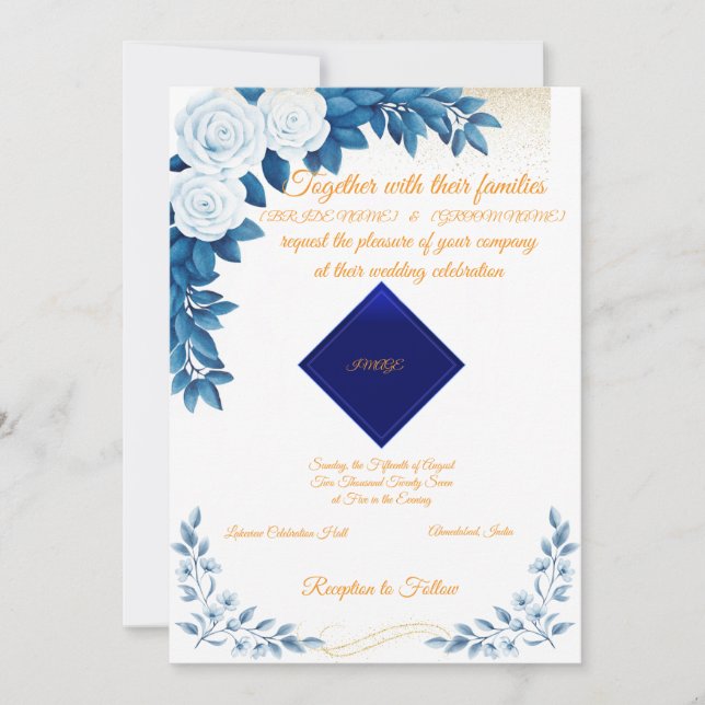Invitación Elegant Blue Floral Wedding Invitation on White (Anverso)