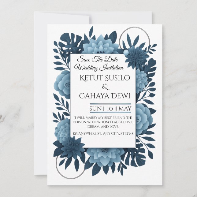 Invitación  Elegant Blue Floral Wedding Invitation Template   (Anverso)