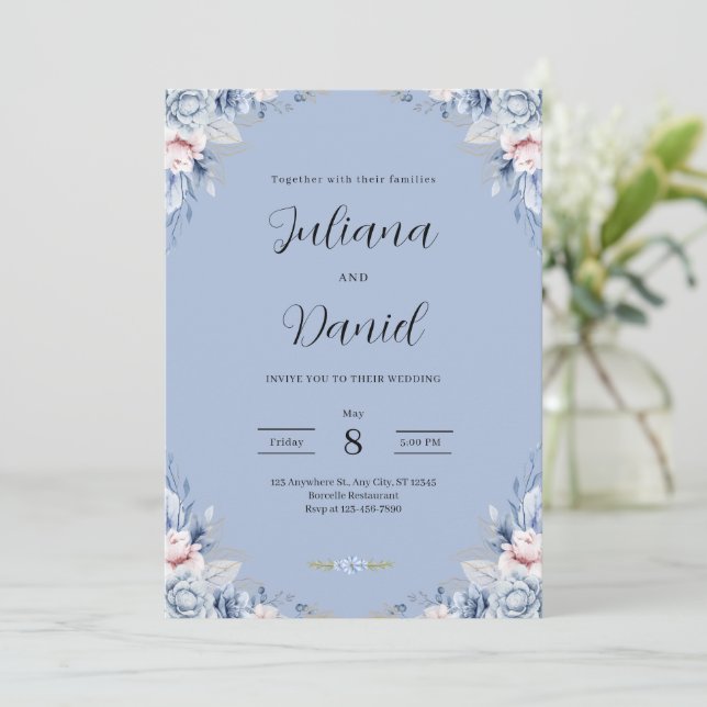 Invitación Elegant Blue Floral Wedding Tropical wedding  (Anverso de pie)