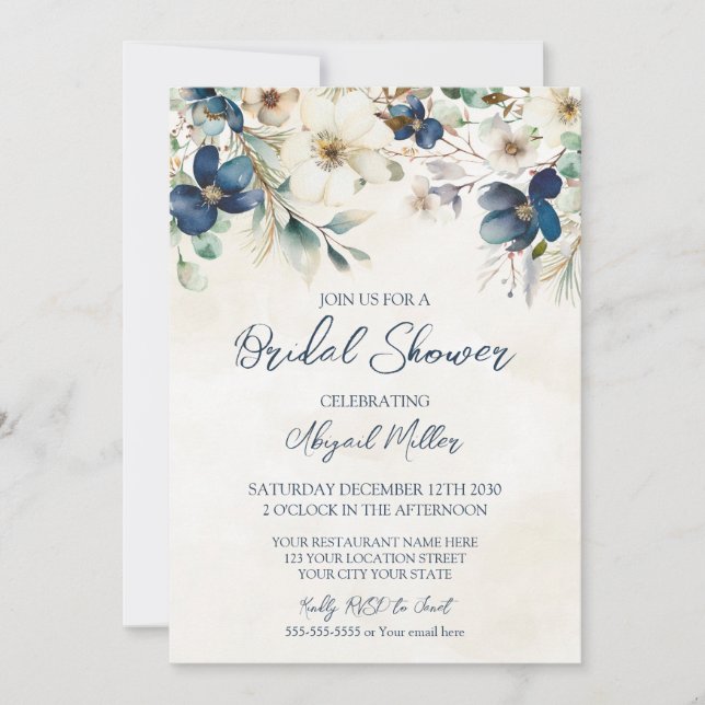 Invitación Elegant Blue Floral Winter Bridal Shower (Anverso)