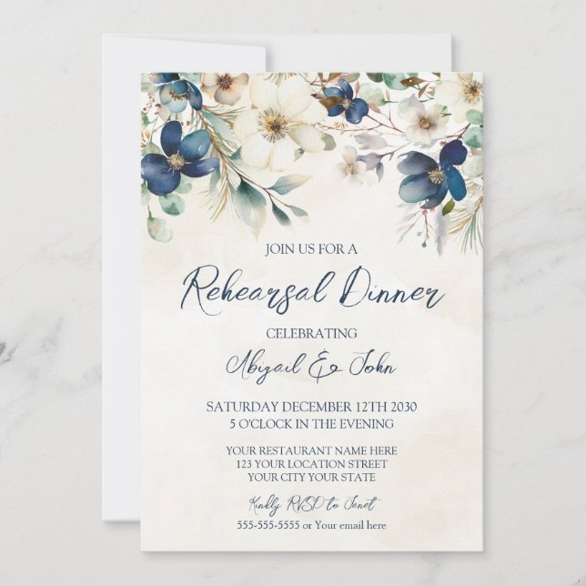 Invitación Elegant Blue Floral Winter Rehearsal Dinner (Anverso)