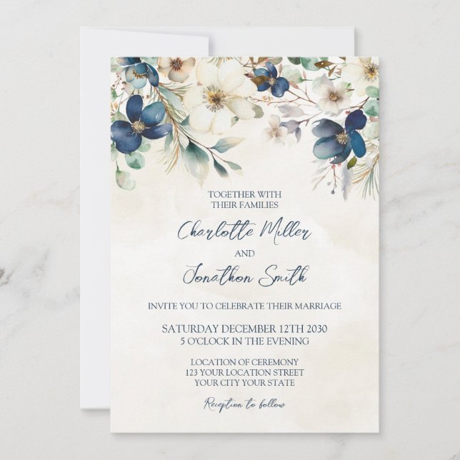 Invitación Elegant Blue Floral Winter Wedding Invitations (Anverso)