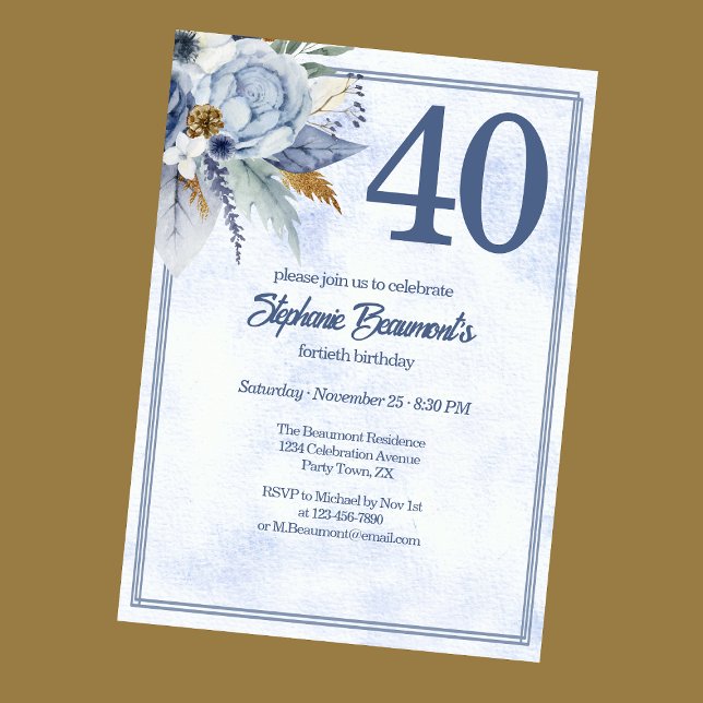 Invitación Elegant Blue Florals Women's 40th Birthday Party (Subido por el creador)