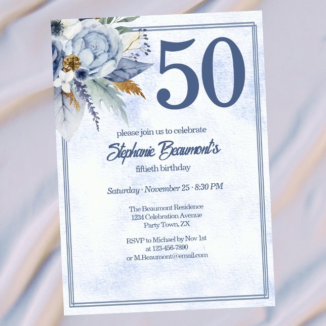 Invitación Elegant Blue Florals Women's 50th Birthday Party (Subido por el creador)